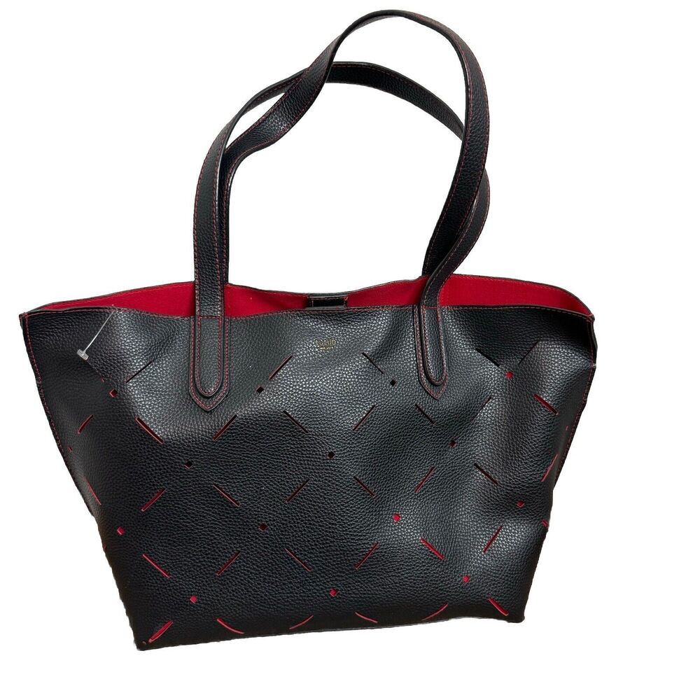Tutilo New York 2 Piece Tote & Wristlet Purse Black Faux Leather Red Cutwork